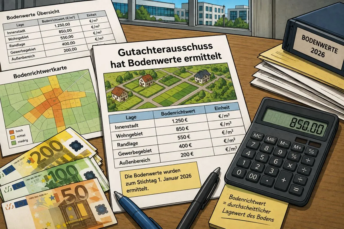 Tabellen, Taschenrechner und Geldscheine auf einem Schreibtisch (Grafik: Peter Marwan mit ChatGPT)