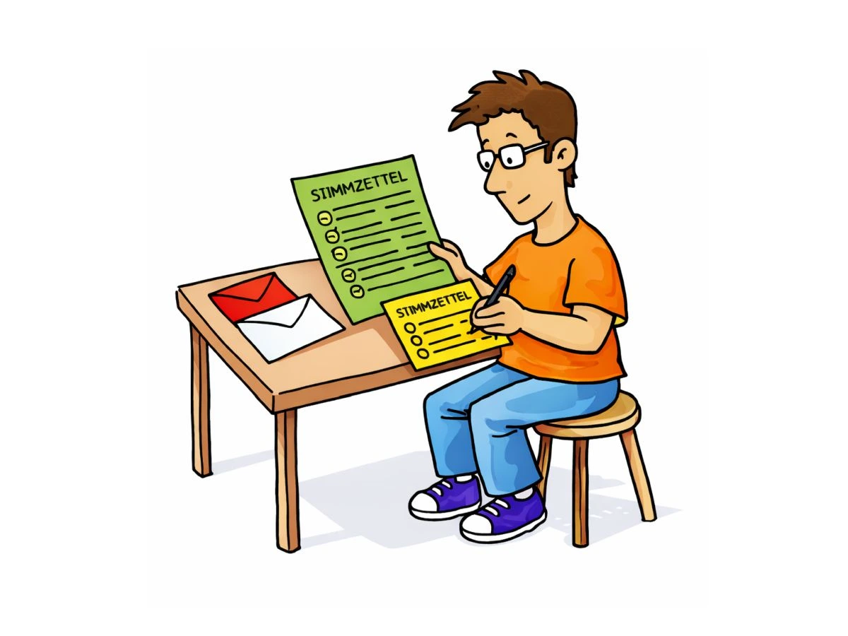 Zeichnung eines Wählers bei der Kommunalwahl 2026 (Grafik: Peter Marwan mit ChatGPT)
