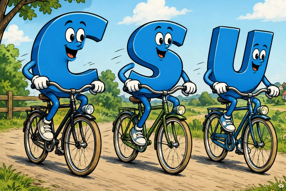Comic-Bild mit den drei Buchstaben CSU auf drei Fahrrädern (Grafik: Peter Marwan mit ChatGPT)
