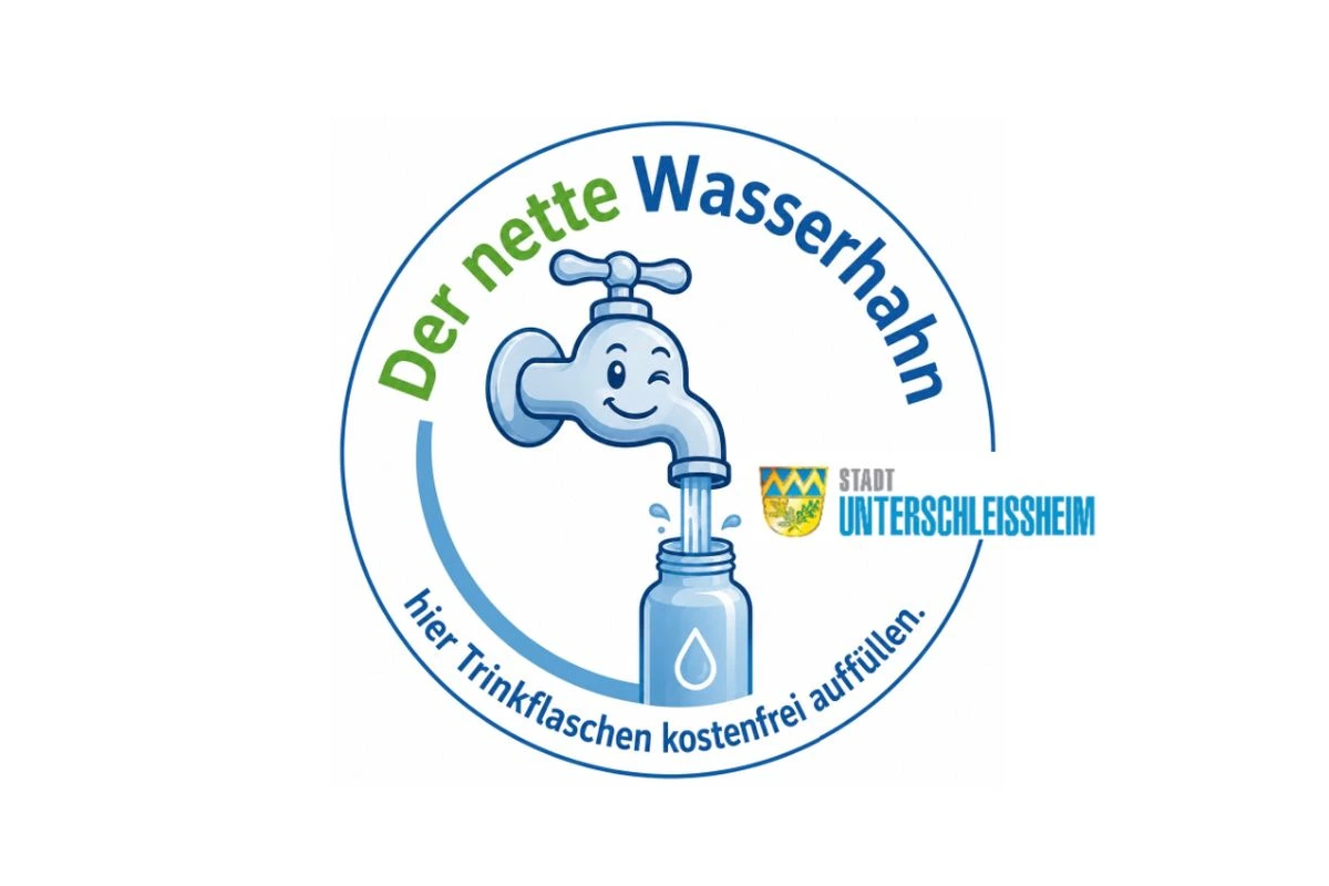 Augenzwinkernder Wasserhahn im Comic-Stil mit Schriftzug "Der netet Wasserhahn" (Grafik: CSU Unterschleißheim)