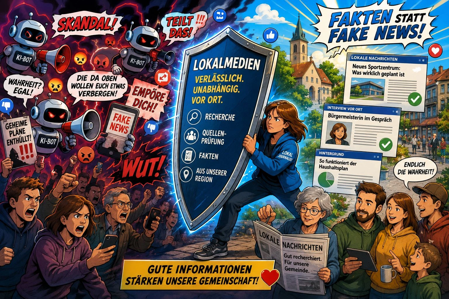 KI-generiertes Bild, das den Kampf zwischen Bots zur Desinformation und ehrlichen Lokalmedien zeigt (Grafik: Ushel-news mit ChatGPT)