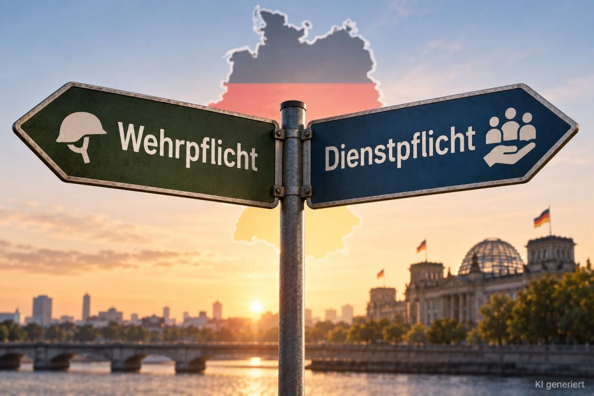 Schilder mit Aufschrift Dienstpflicht und Wehrpflicht. KI generiert