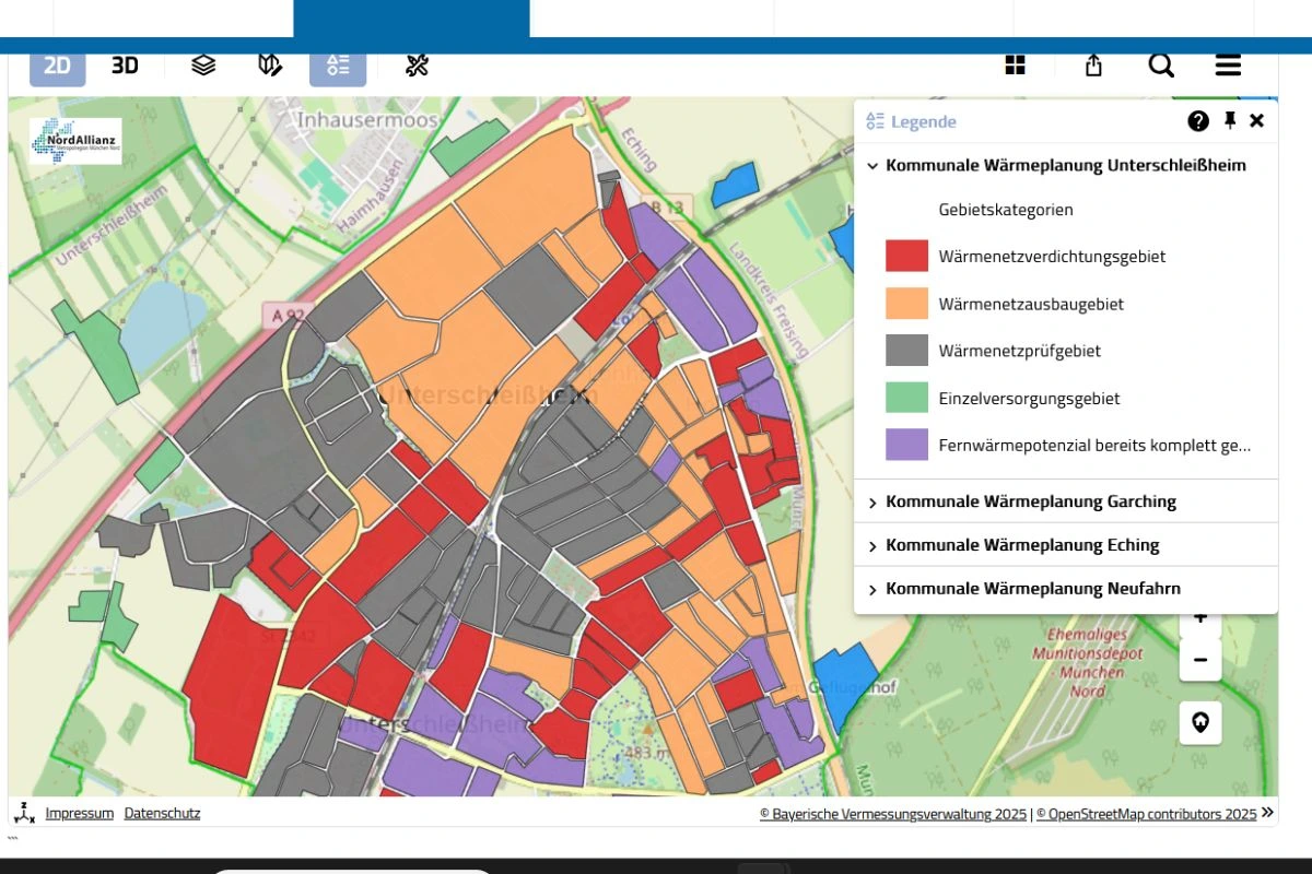 Karte von Unterschleißheim zum Thema kommunale Wärmeplanung mit farbig markierten Flächen (Screenshot: Ushel.news)