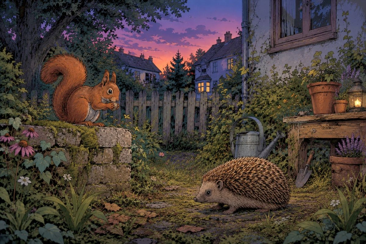Comic-Zeichnung von Eichhörnchen und Igel in einem Hausgarten bei Einbruch der Dämmerung. (Bild: Peter Marwan mit ChatGPT)