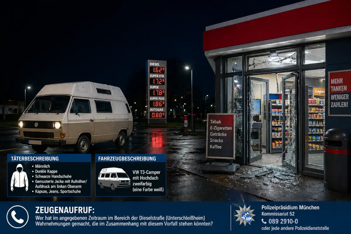 Einbruchdiebstahl in einer Tankstelle in Unterschleißheim (Bild: erstellt von Helmut Göbel mithilfe von ChatGPT)