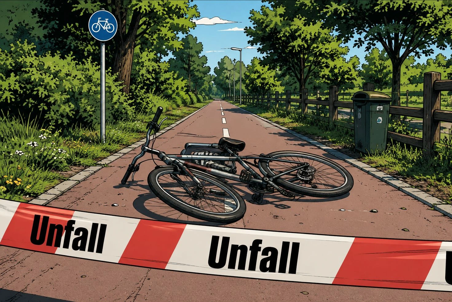 Fahrrad liegt hinter einem Absperrband mit der Aufschrift "Unfall" auf einem Radweg (Grafik: UShel.news mit ChatGPT)