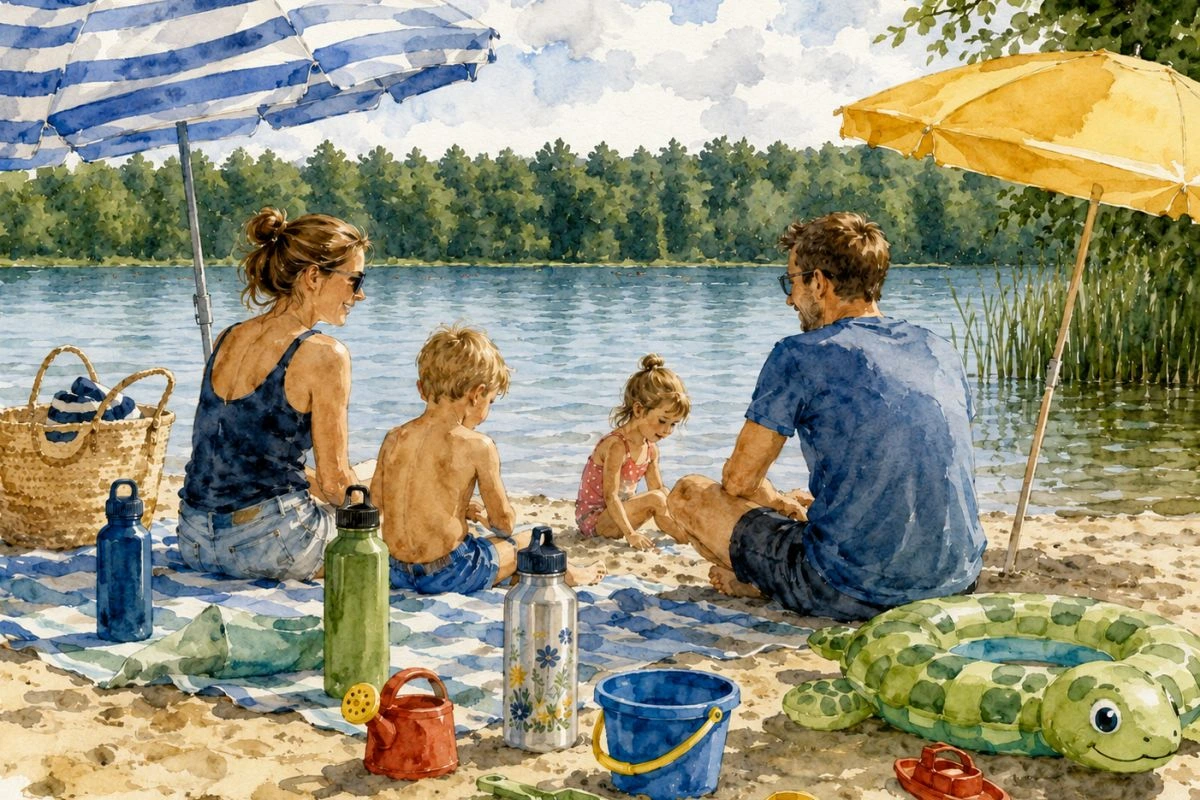 Familie mit zwei Kindern badet am See. Bild im Aquarell-Stil (Grafik: Peter Marwan mit ChatGPT)