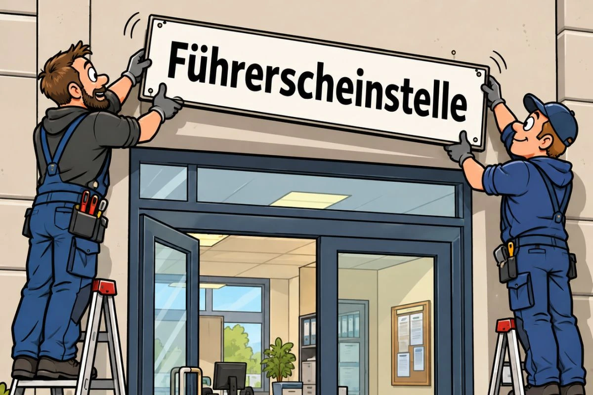 Zwei Männer auf Leitern montieren das Schild Führerscheinstelle über einer Eingangstüre ab. Bild im Comic-Stil.