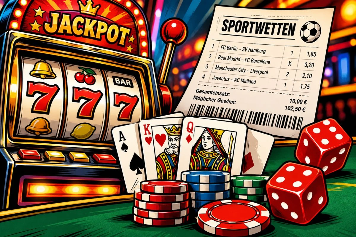 Spielautomat, Tippschein, Spielkarten und Würfel (Grafik: Peetr Marwan mit ChatGPT)