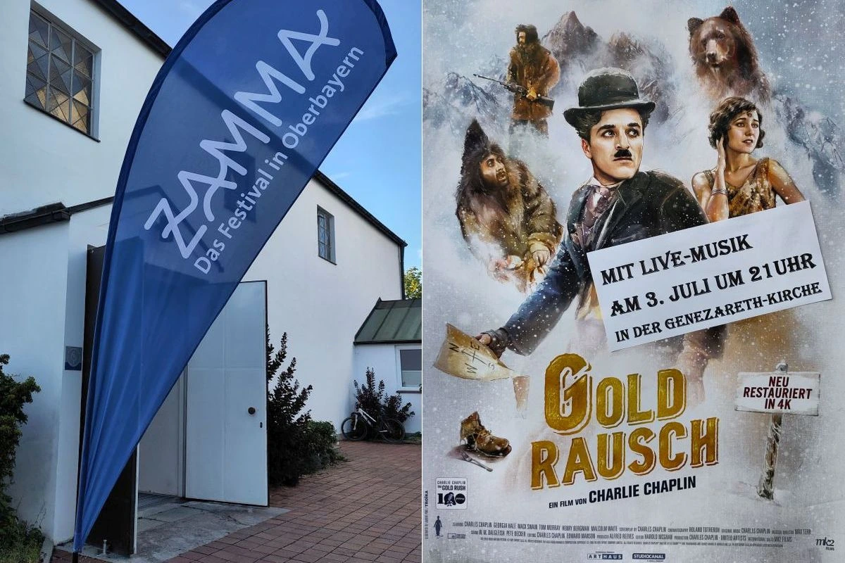 Fahne des Zamma-Festivals vor der Genezarteh-KIrche und Filmplakat zum Film "Goldrausch. ( Fotos: Veranstalter)