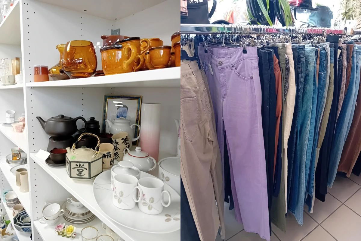 LInks Geschirr in einem Regal, rechts Hosen auf einer Stange in einem Laden aufgehängt
