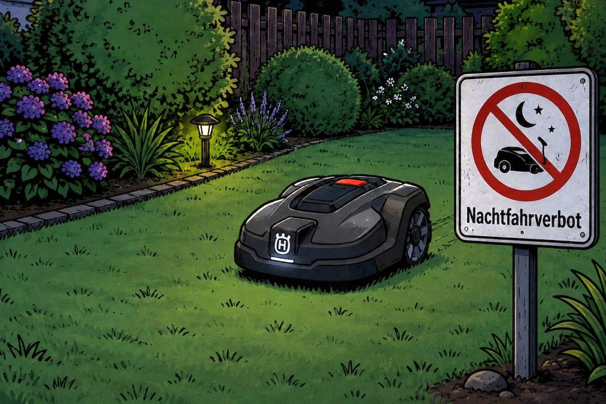 Mähroboter nachts im Garten (Bild: Ushel.news mit ChatGPT)