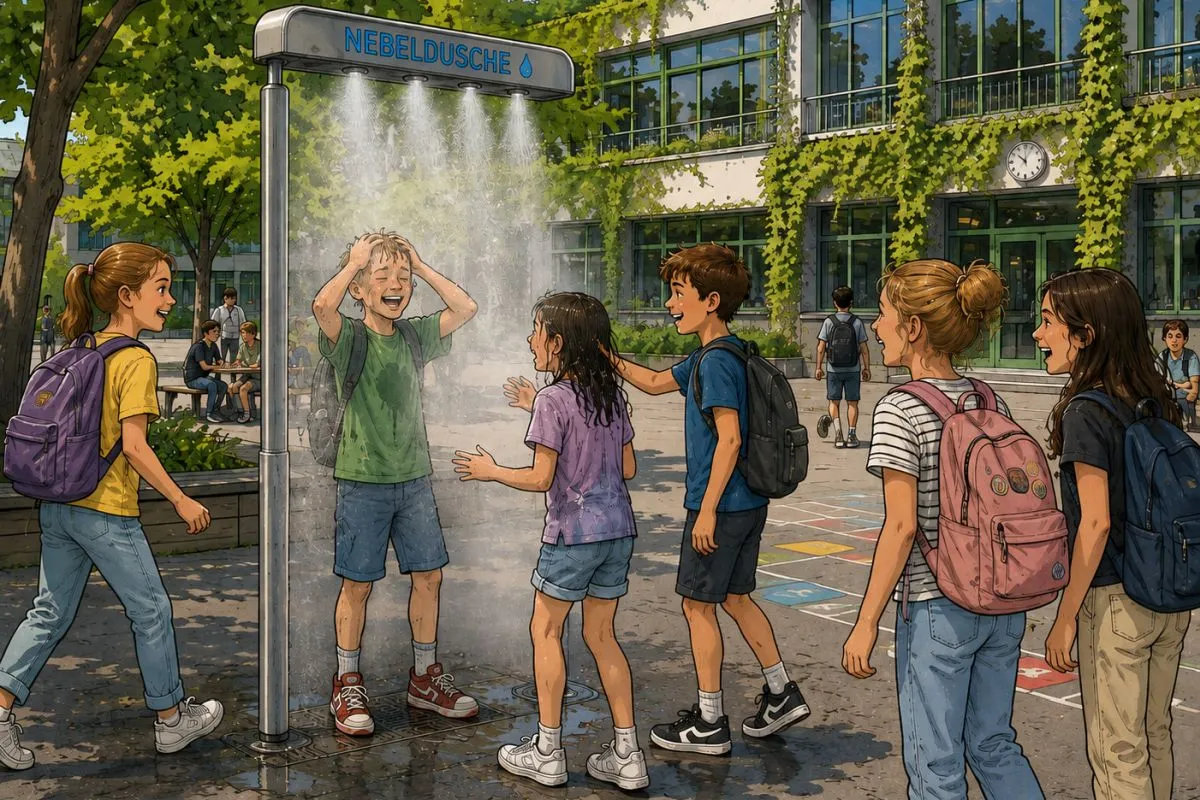 Bild im Comic-Stil mit Kinder unter einer Nebeldusche auf dem Pausenhof (Grafik: Peter Marwan mit ChatGPT)