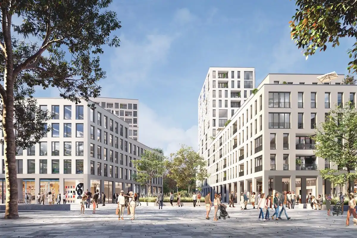 Planungen für die neue Stadtmitte – Sicht vom Rathausplatz (Visualisierung durch die Stadt Unterschleißheim)