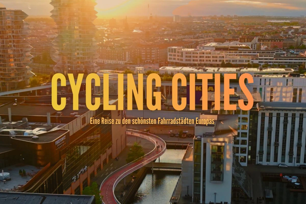 Silhouette einer Großstadt bei Sonnenuntergang, Schriftzug Cycling Cities.