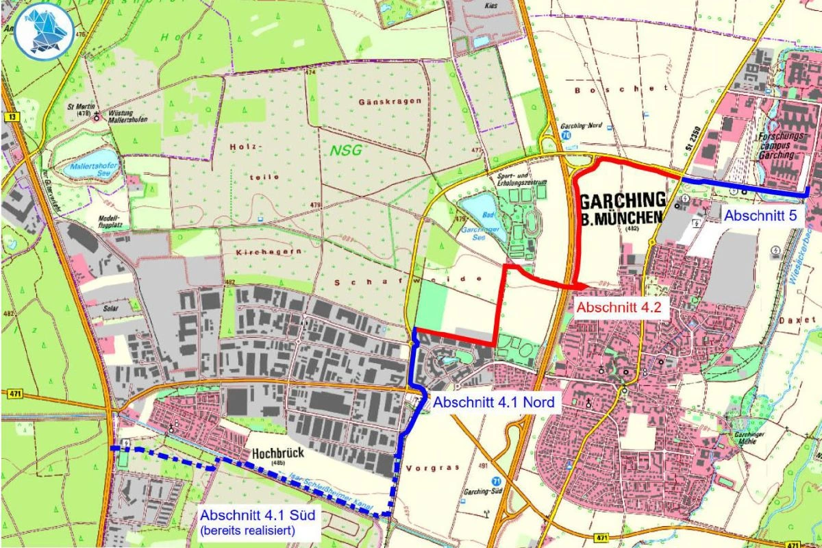 Karte des Radschnellwegs von der B13 bis Garching Forschungszentrum (Grafik: Bayern Atlas / Landkresi München)