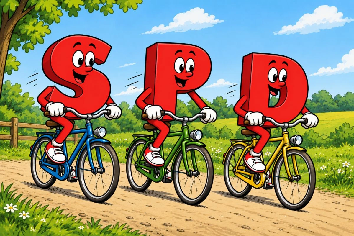 Rote Buchstaben S, P und D auf Fahrrädern. Bild im Comic-Stil