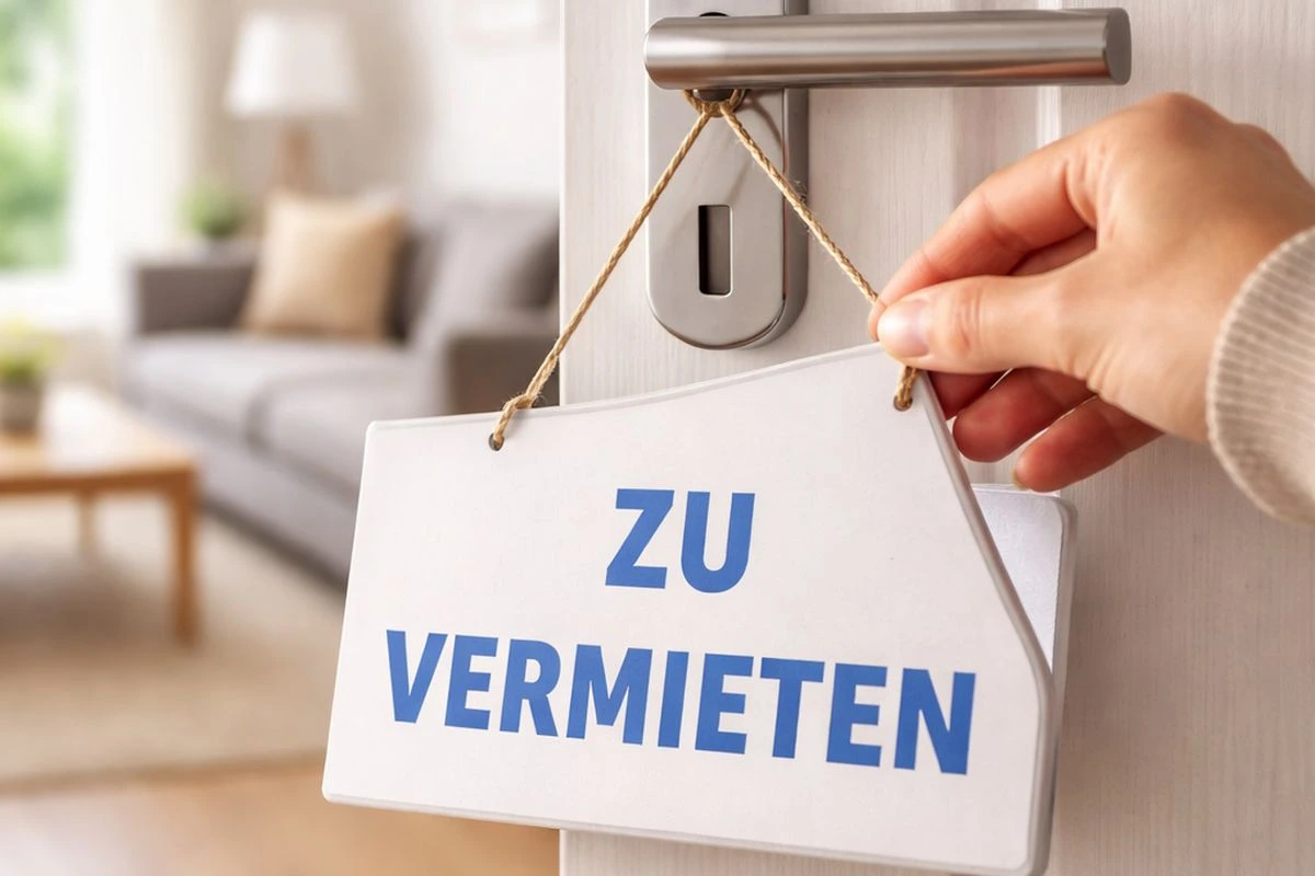 "Zu vermieten"-Schild an einer Wohnungstür (Bild: Peter Marwan mit ChatGPT)