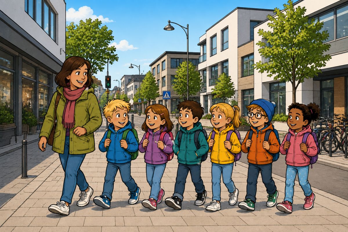 Frau begleitet sechs Grundschulkinder über die Straße, Bild im Comic-Stil (Grafik: Peter Marwan mit ChatGPT)