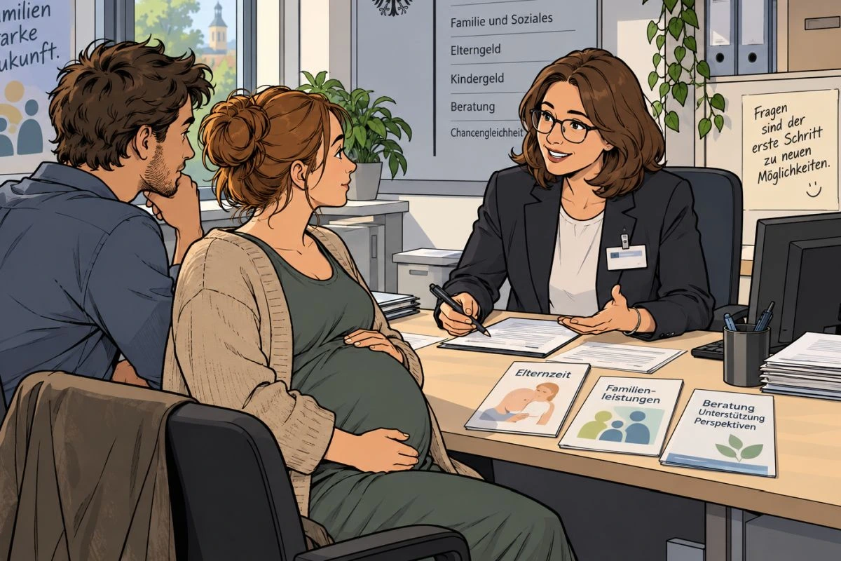 Expertin berät werdende Eltern in einem Büro (Grafik: Peter Marwan mit ChatGPT)