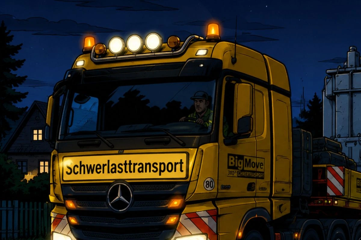 Schwerlasttransport bei Nacht. Bild im Comic-Stil (Grafik: Peter Marwan mit ChatGPT)