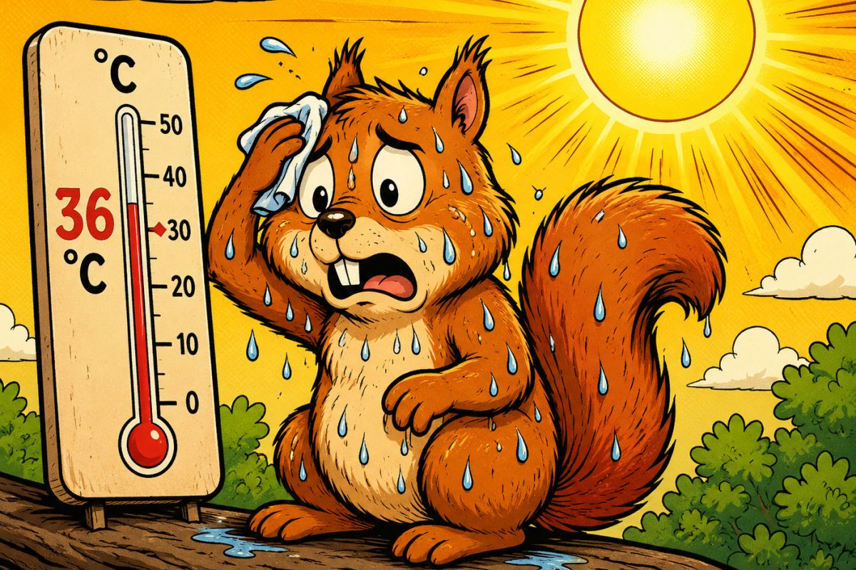 Schwitzendes Eichhörnchen neben einem Thermometer, das 36 Grad Celsius anzeigt (Bild: Peter Marwan mit ChatGPT)