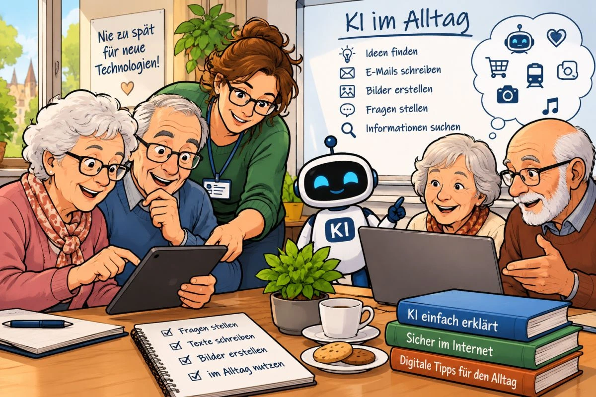 Comic-Bild: Senioren lernen in einem Workshop den Umgang mit KI