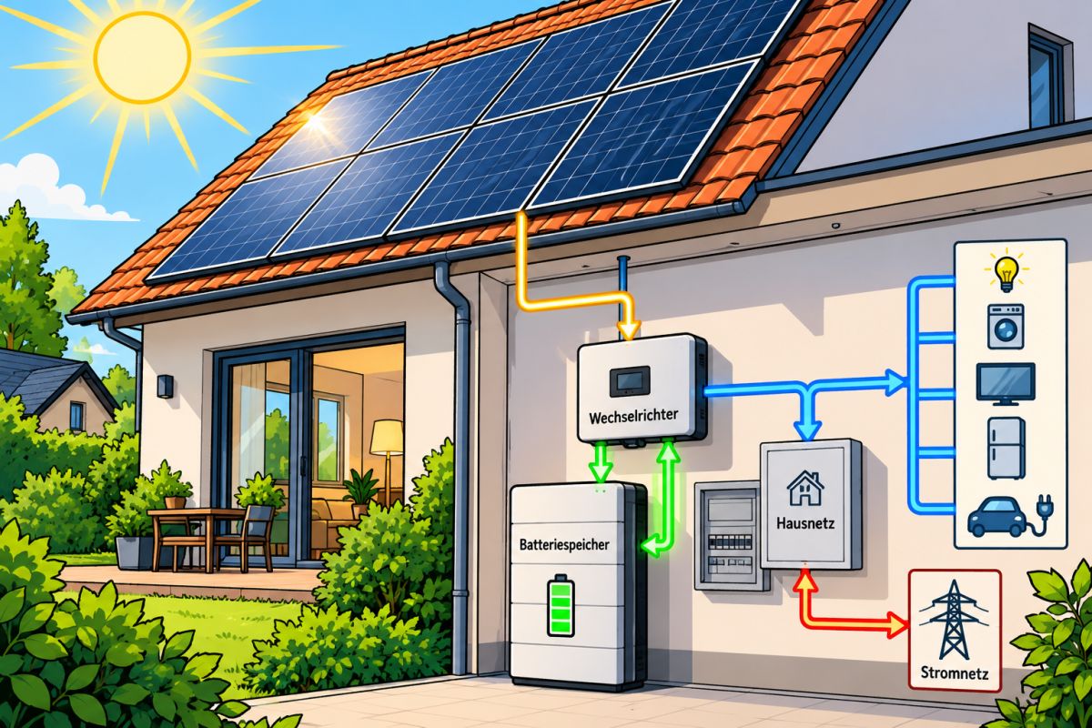Comic-Bild von Einfamilienhaus mit Solaranlage auf dem Dach und an dr Hauswand montiertem Batteriepeicher.