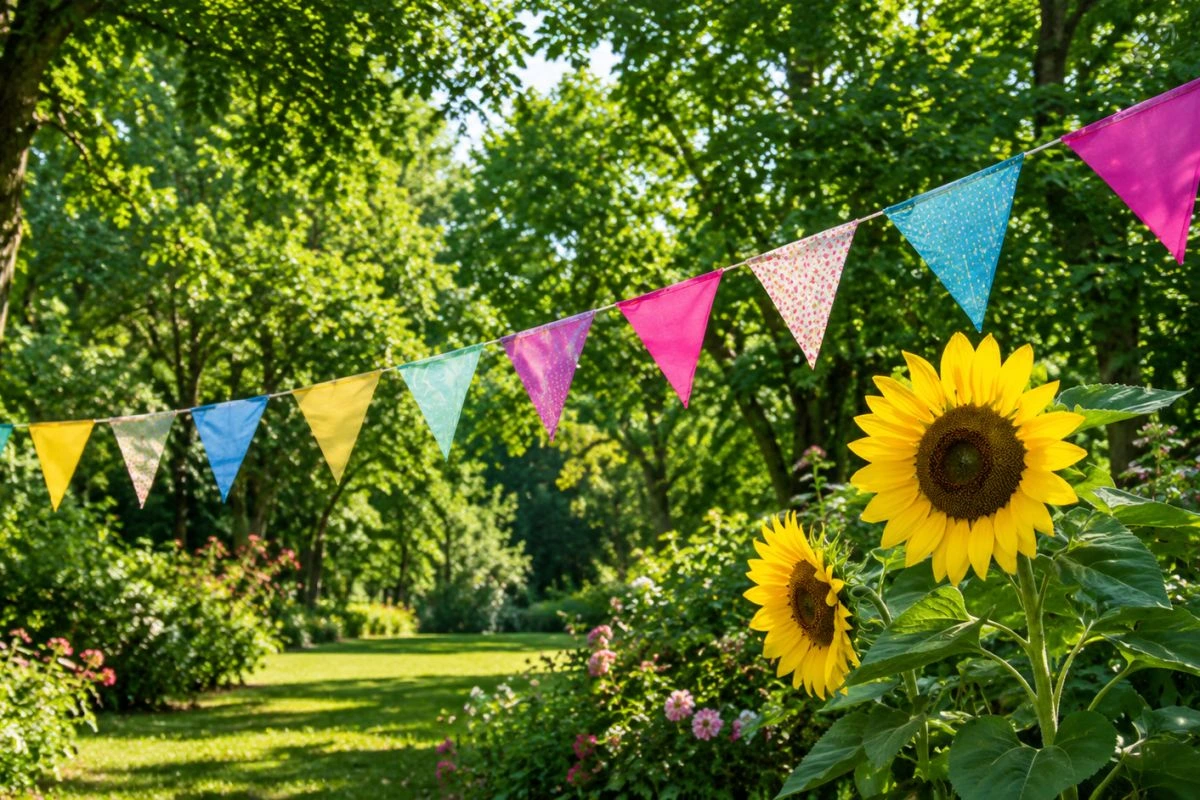 Sommerlicher Garten mit Deko-Wimpeln und Sonnenblumen (Bild: Grüne Unterschleißheim / Bearbeitung: Ushel.news)