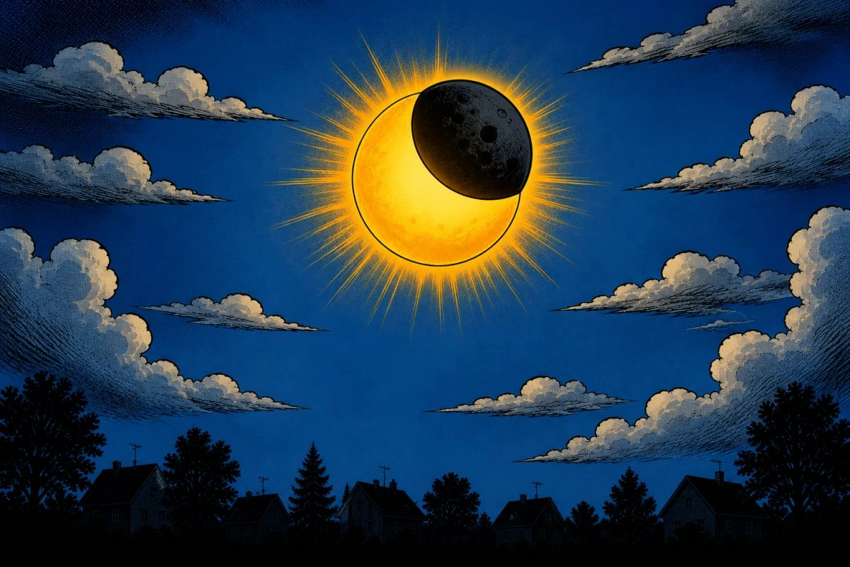 Partielle Sonnenfinsternis im Comic-Stil (Grafik: Peter Marwan mit ChatGPT)