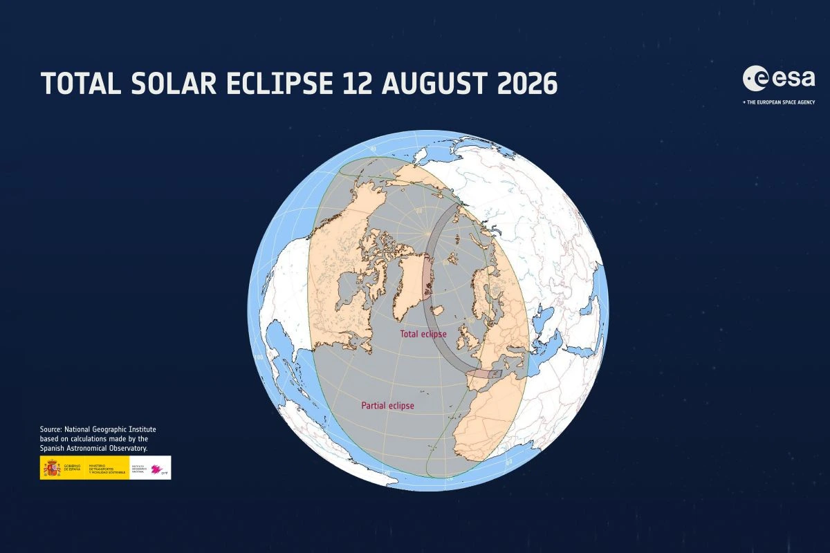 Weltkarte mit Markierung zur Sonnenfinsternis am 12. August 2026 (Grafik. ESA)