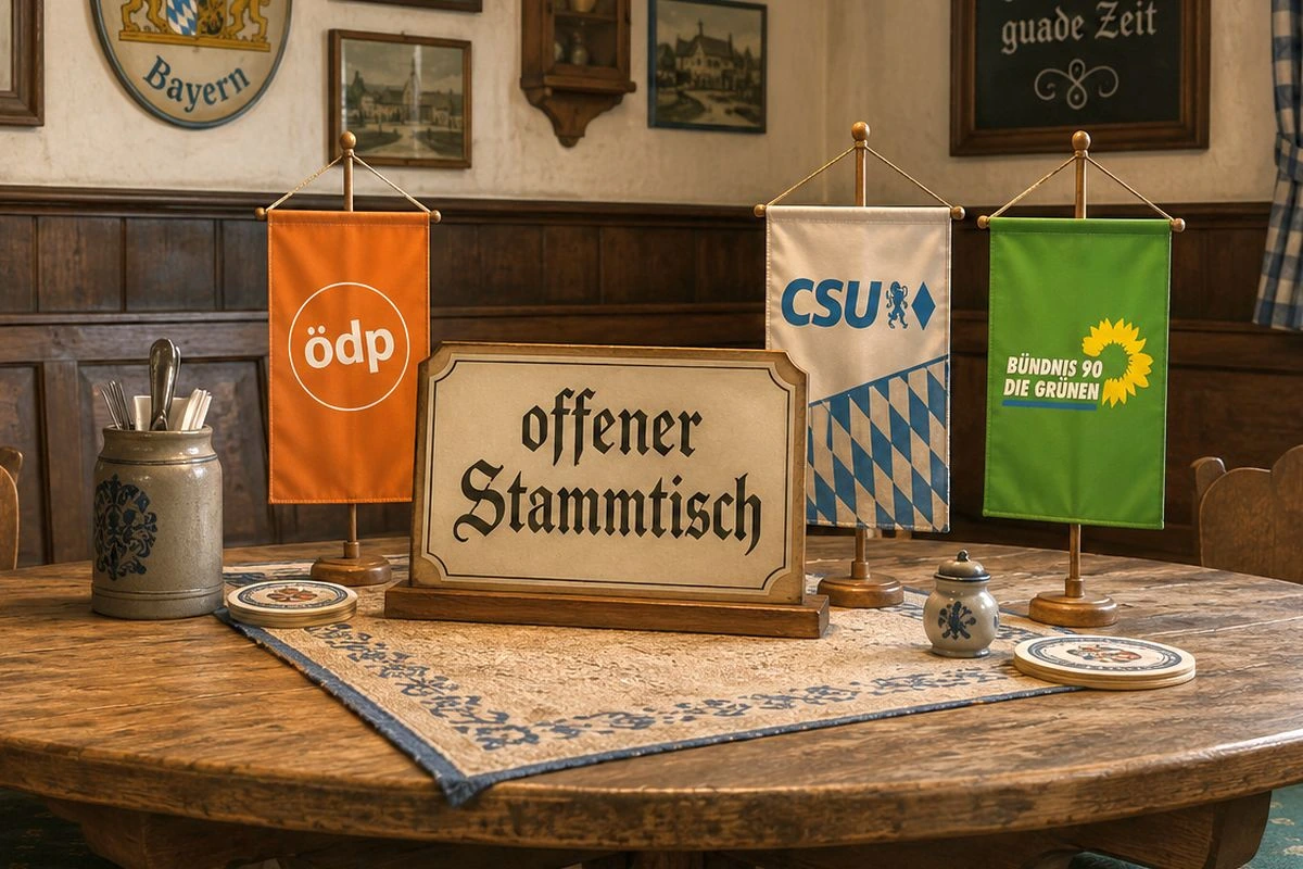 Stammtisch mit Fähnchen von ÖDP, CSU und Grünen (Grafik: Peter Marwan mit ChatGPT)
