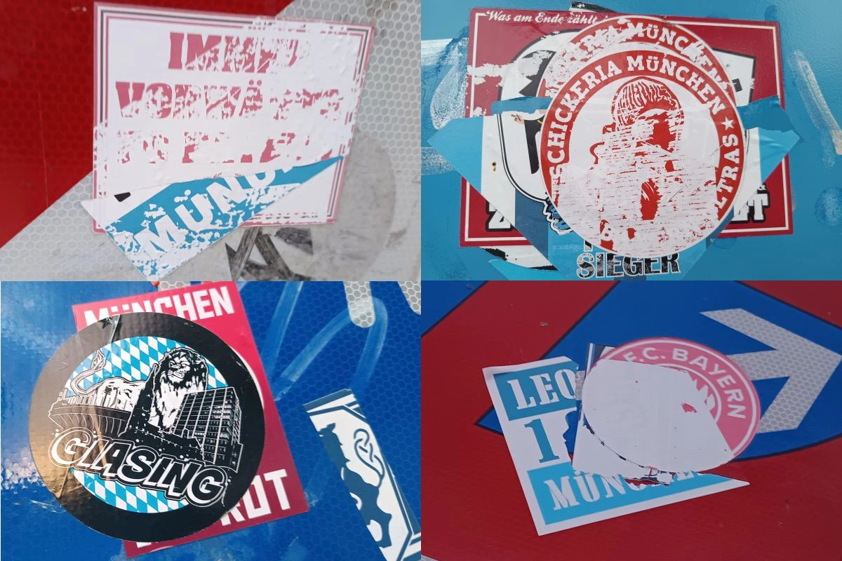 Stickern von Fans des FC Bayern und des TSV 1860 auf Verkehrsschildern (Fotos: Peter Marwan)