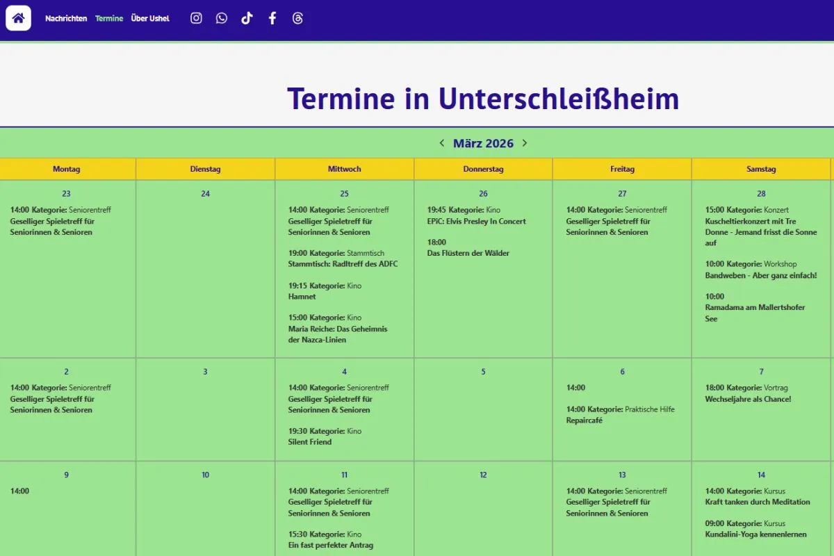 Screenshot: Veranstaltungskalender für Unterschleißheim bei Ushel.news (Bild: Ushel.news)