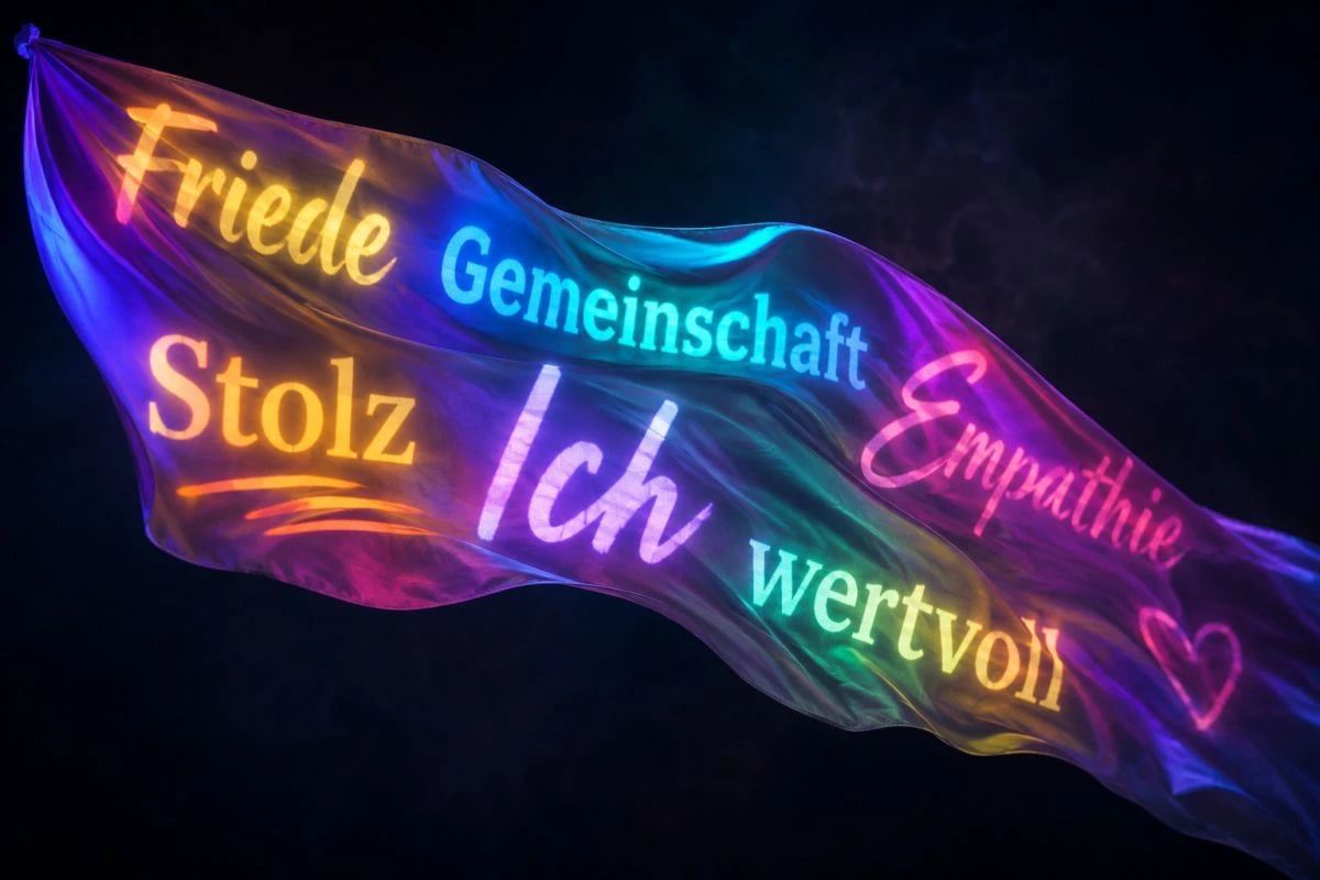Flatternde Stoffbahn, auf die mit farbigem Licht Botschaften projeziert werden (Bild: Peter Marwan mit ChatGPT)