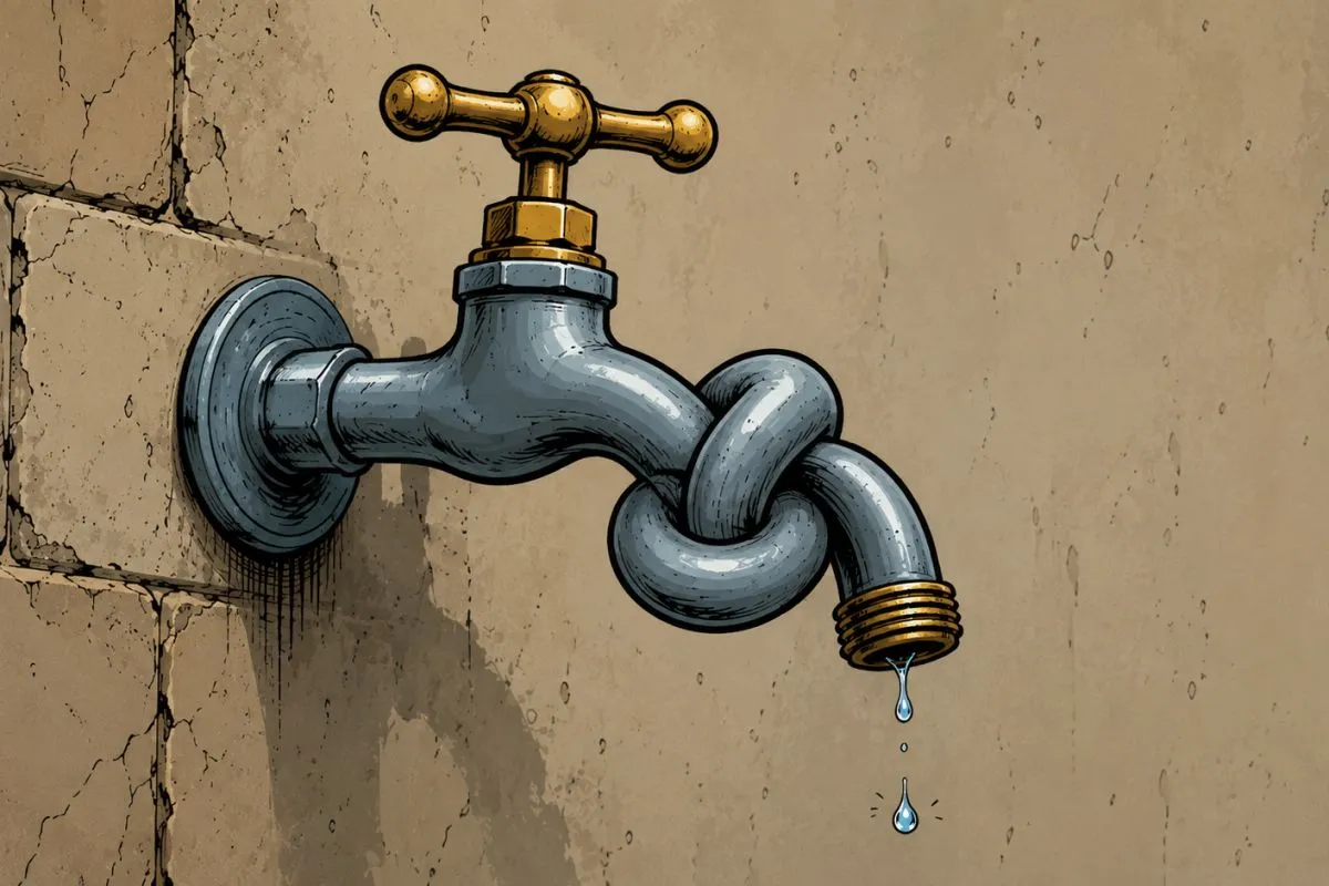 Comic-Zeichnung von Wasserhahn mit Knoten (Grafik: Peter Marwan mit ChatGPT)