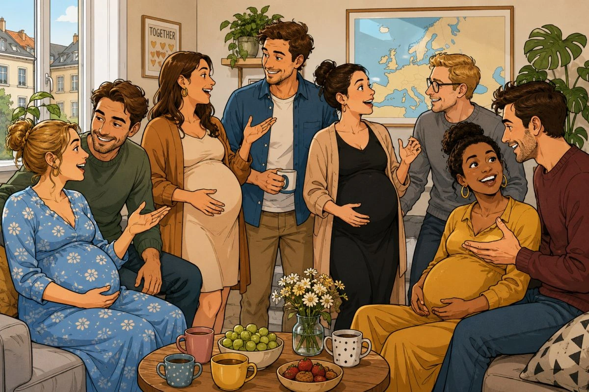 Mehrere werdende Eltern unterhalten sich angeregt in einem Wartezimmer. Bild im Comic-Stil. (Grafik: Peter Marwan mit ChatGPT)