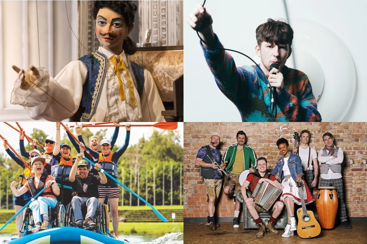 Collage mit Bildern von Künstlern des ZAMM-Festivals ((Bilder: Marionettentheater Bille, Gerhard Berger / Samuel Plieger, Carina Pilz / Stiftung Pfennigparade, Martin Rumberger / CubaBoarisch 2.0))